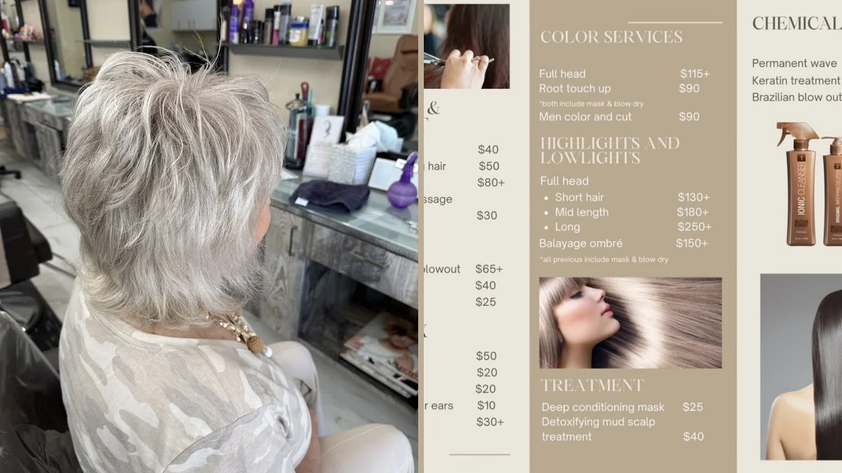 Hair styling station with salon chairs and mirrors.